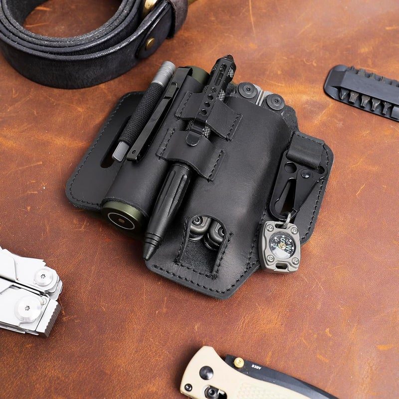 topstache Multitool Sheath for Belt - EDC Belt Organizer - Leather Multitool Holster with Flashlight Holder, Elastic Band Pen Holder and Keychain Clip - Multitool Holder - Multitool Pouch, Black - Image 2